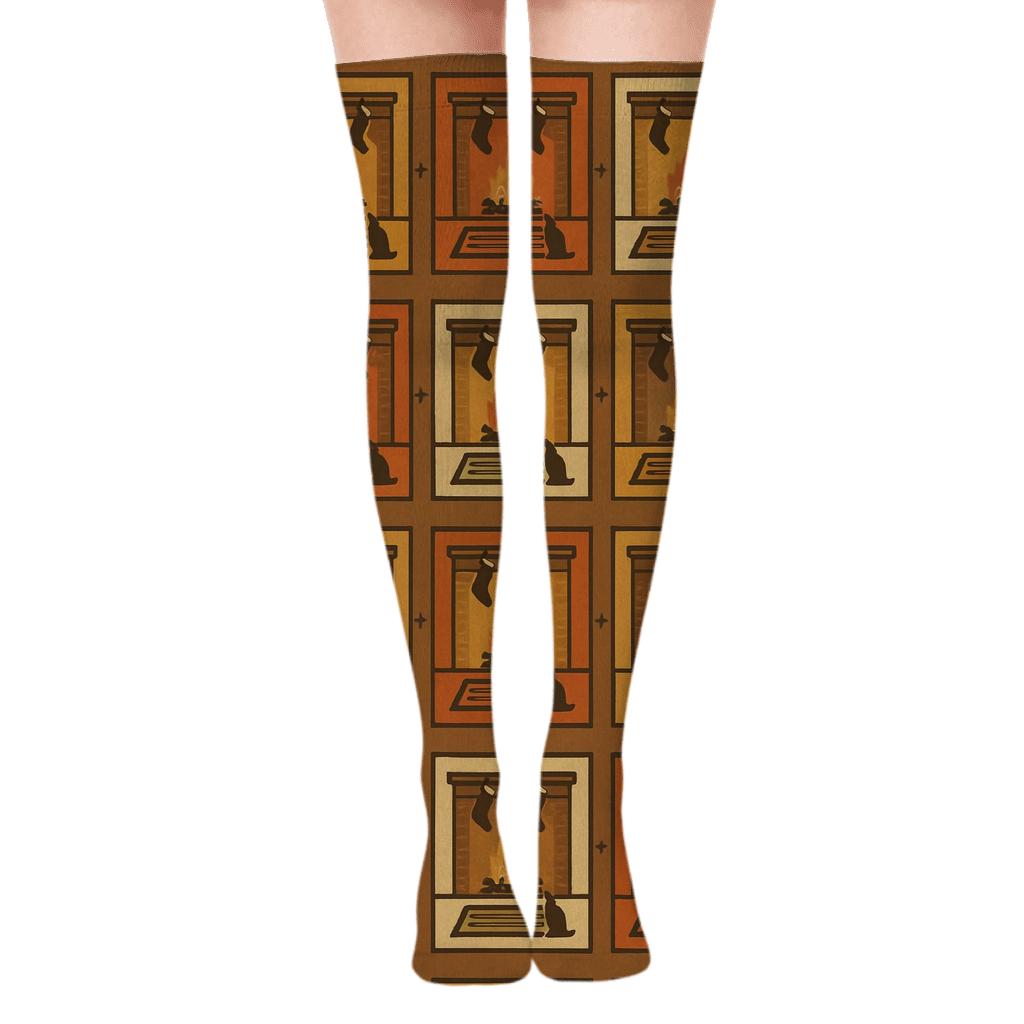 Vintage Hearth Poster Repeat, Cozy Scenes In Fireplace custom over-the-knee socks