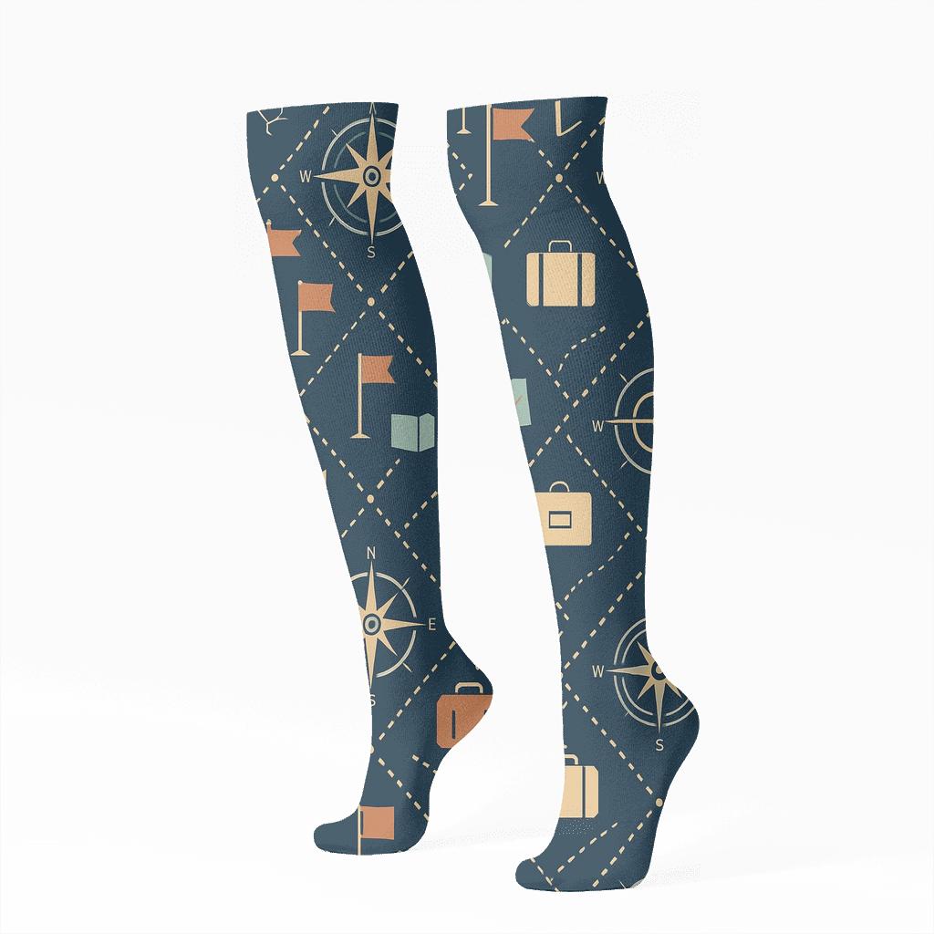 Compass Lattice Pattern With Tour Guide Icons unique graphic knee-high socks