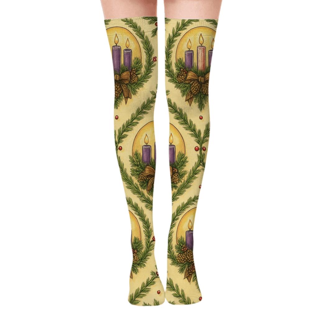 Evergreen Sprig Lattice With Advent Wreath Medallions trendy patterned over-the-knee socks