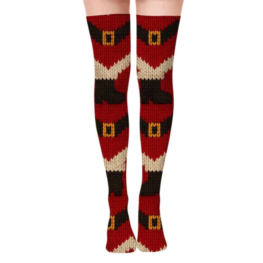 Knitted Illusion Santa Belt And Boot Tessellation unique graphic over-the-knee socks