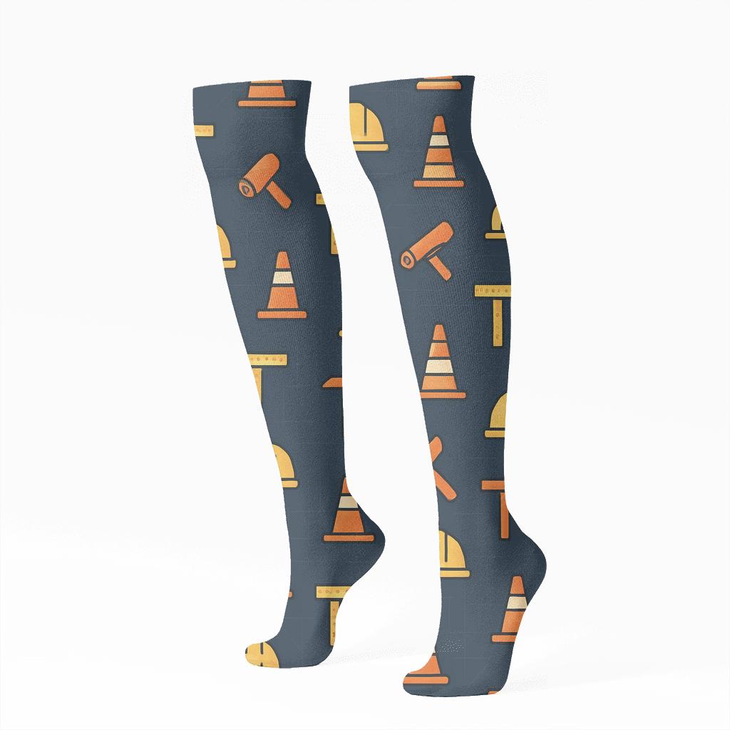 Blueprint Rhythm With Construction Worker Icons stylish athletic knee-high socks