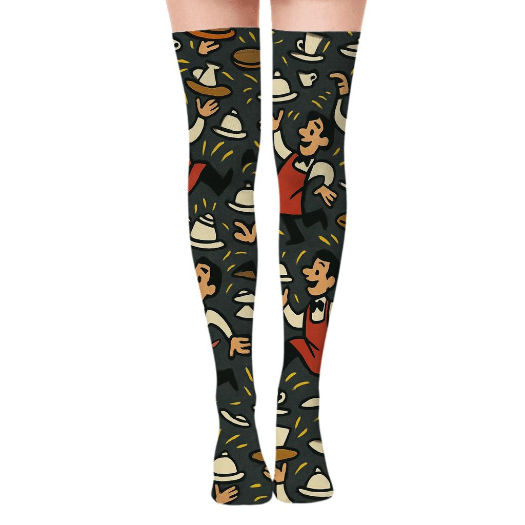 Waiter Juggling Tray Tessellation On Charcoal trendy patterned over-the-knee socks