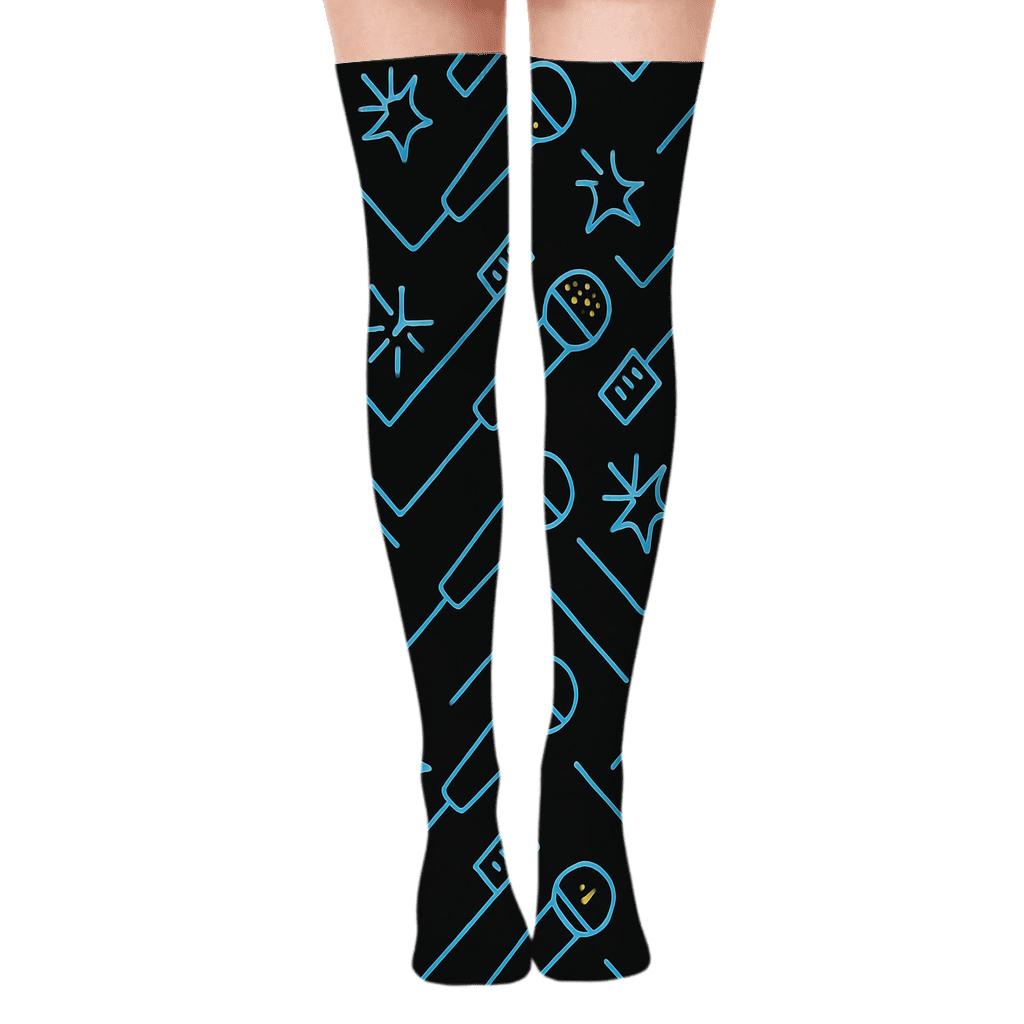 Journalist Microphone Chevron On Black Background unique graphic over-the-knee socks