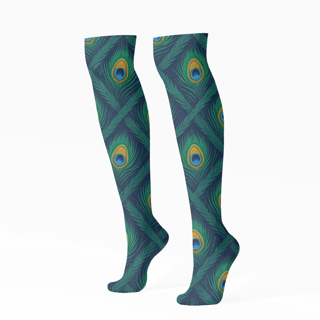 Peacock Tail Feather Lattice On Deep Navy Background custom knee-high socks
