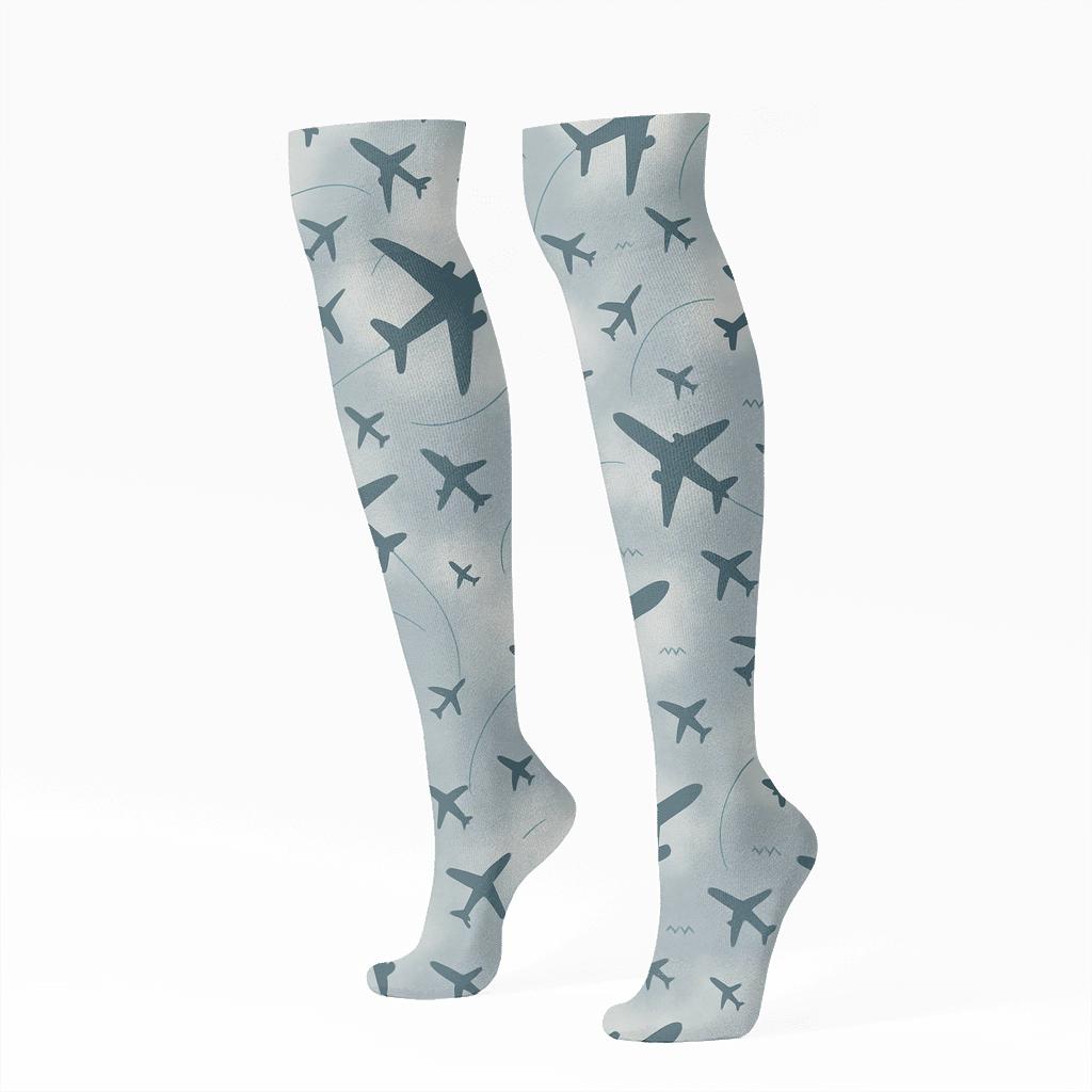 Airplane Silhouette Scatter On Storm Gray premium sports knee-high socks