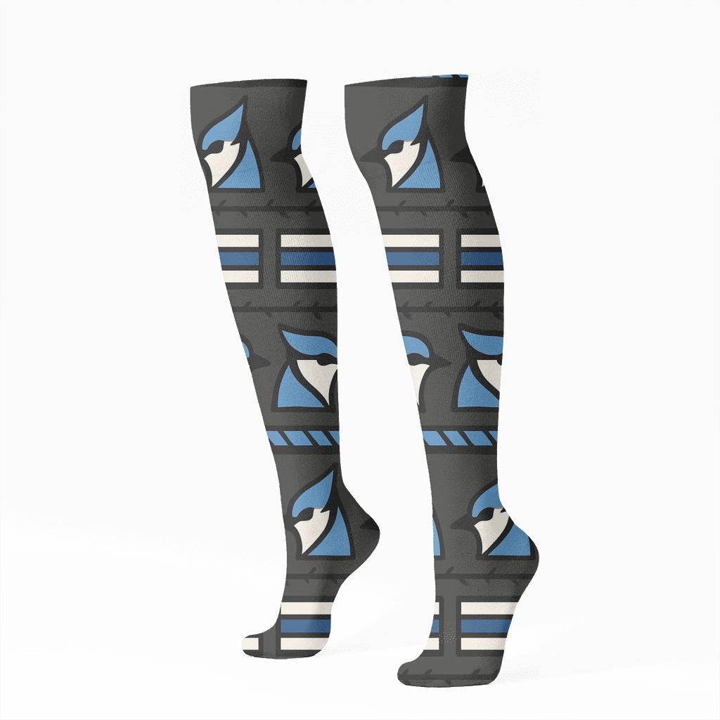 Blue Jay Crest Stripe Bands On Charcoal Background unique graphic knee-high socks