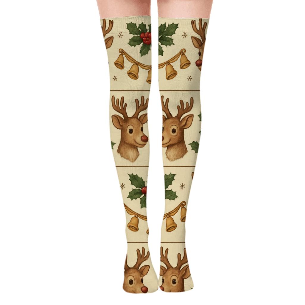 Reindeer With Holiday Bell Garland Bands unique graphic over-the-knee socks