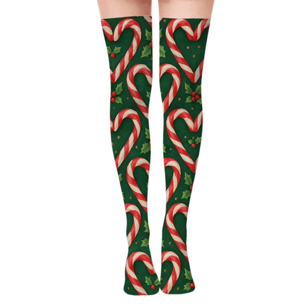 Candy Canes Heart Tessellation On Deep Green personalized over-the-knee socks