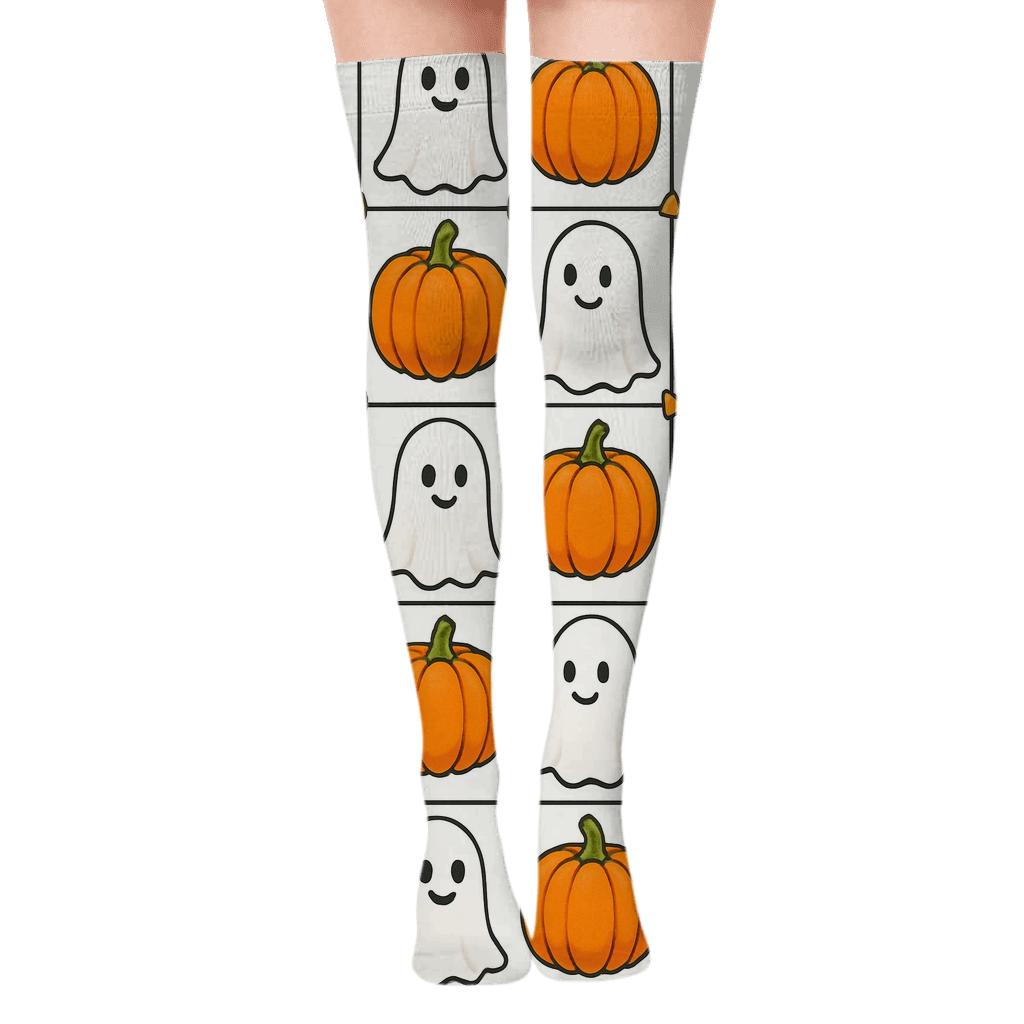 Ghost And Pumpkin Alternating Checker On White Background premium cozy over-the-knee socks