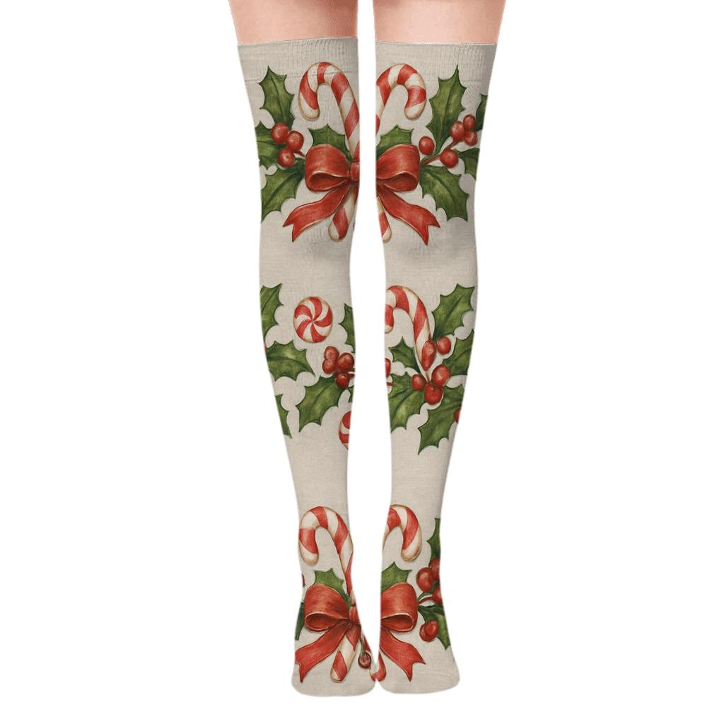 Candy Canes Botanical Holly Border Repeat premium cozy over-the-knee socks
