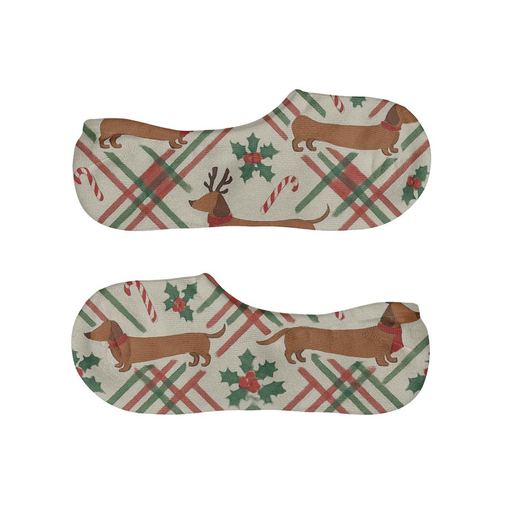 Crimson Reindeer Dachshund Diagonal Tartan On Ivory Background soft cotton no-show socks