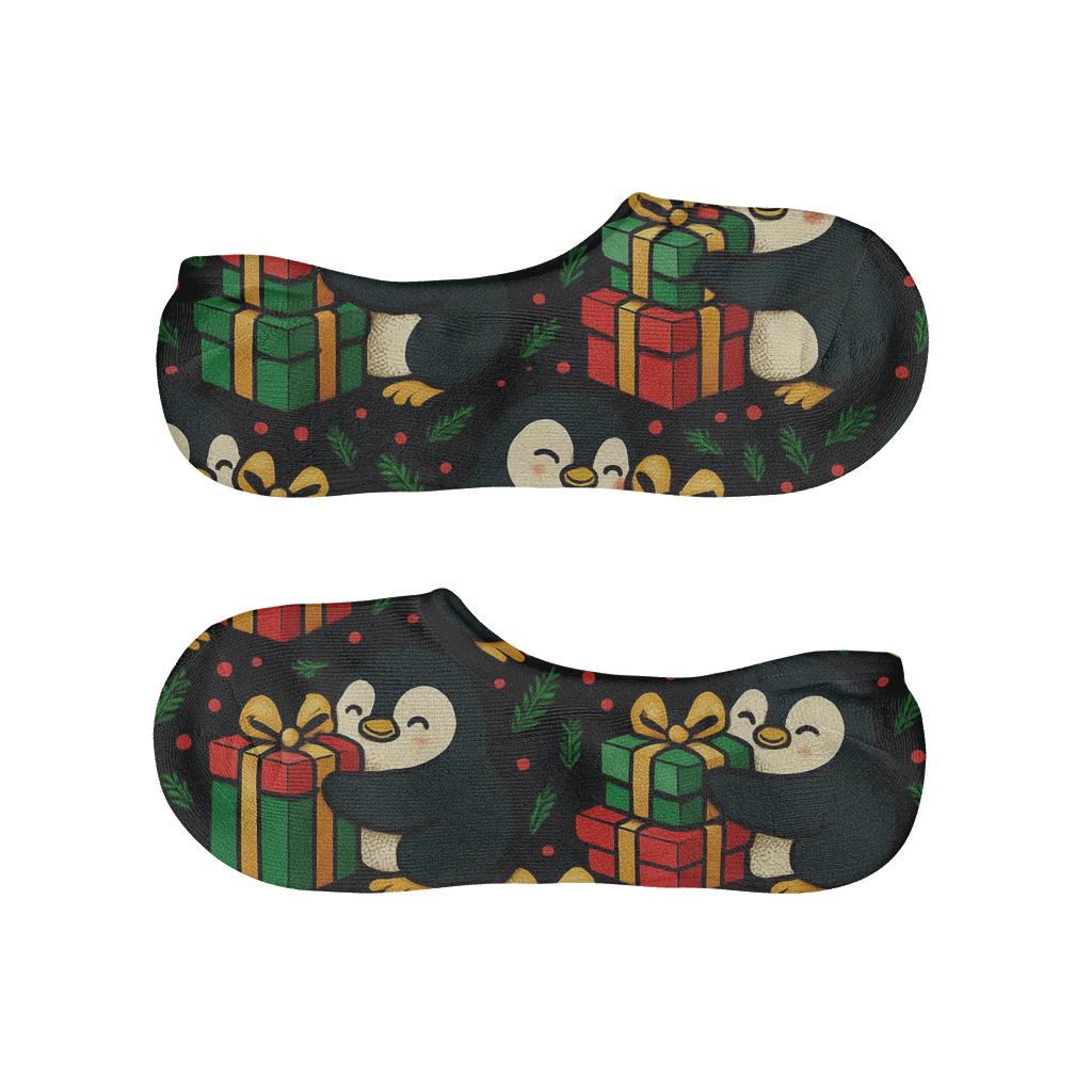Midnight Penguin Gift Box Tessellation On Black Background designer print no-show socks