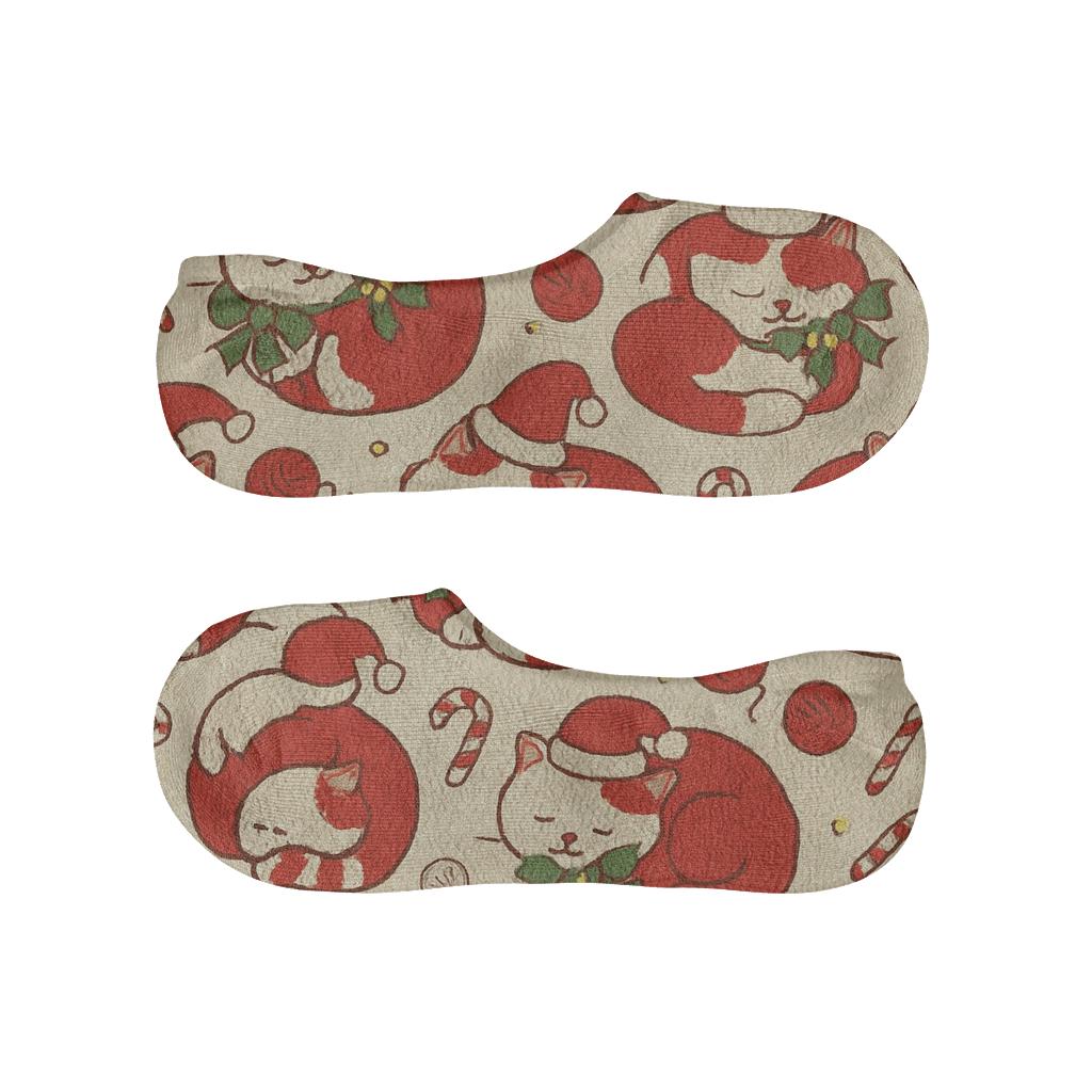 Knitted Christmas Cat Stocking Tiles On Cream Background custom no-show socks