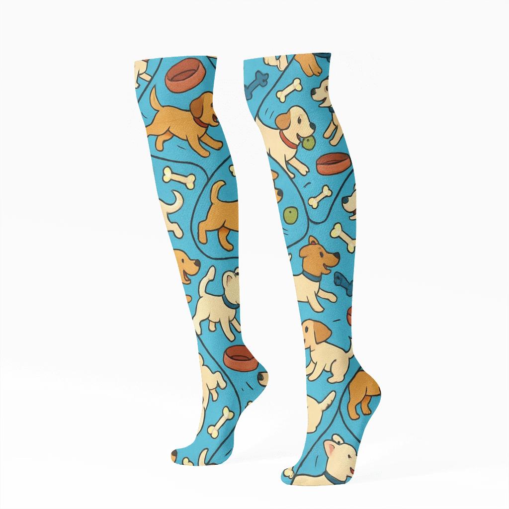 Fetch Scene With Dog Park Party Tessellation designer print knee-high socks