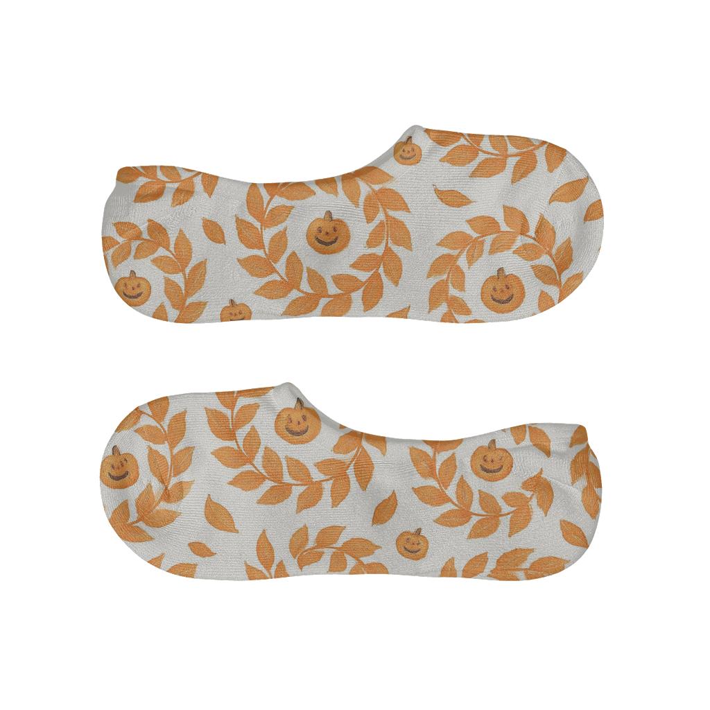 Orange Autumn Leaf Spiral Scatter On White Background low cut no-show socks