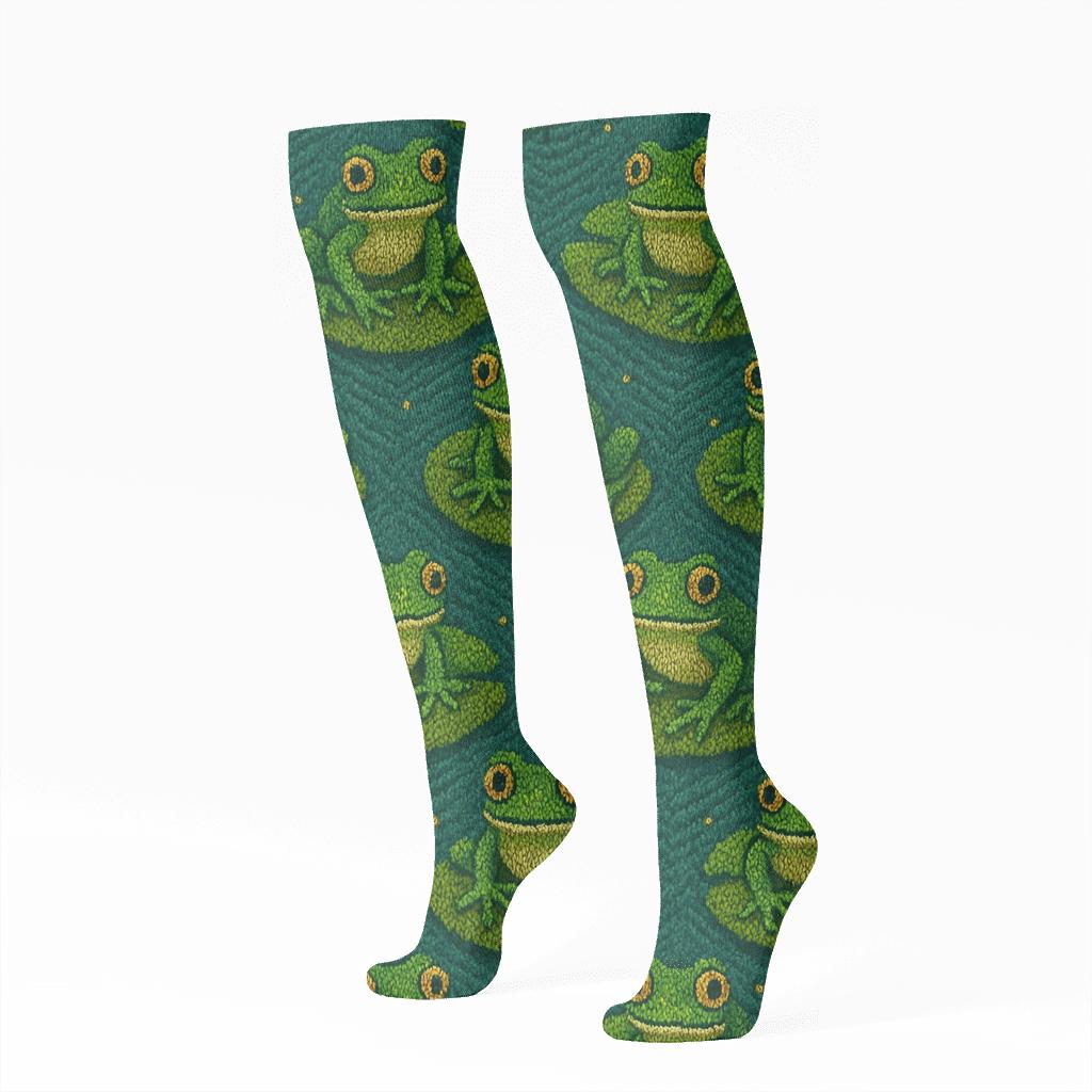 Knitted Lily Pad Lattice Frog Pattern designer print knee-high socks