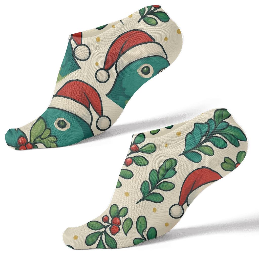 Teal Parrot Mistletoe Chevron On Cream Background trendy patterned ankle socks