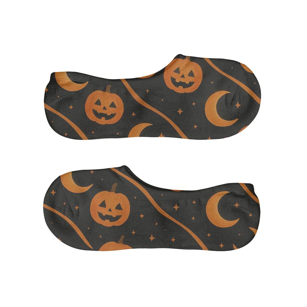 Crescent Moon And Pumpkin Diagonal Wave On Black Background trendy no-show sock styles