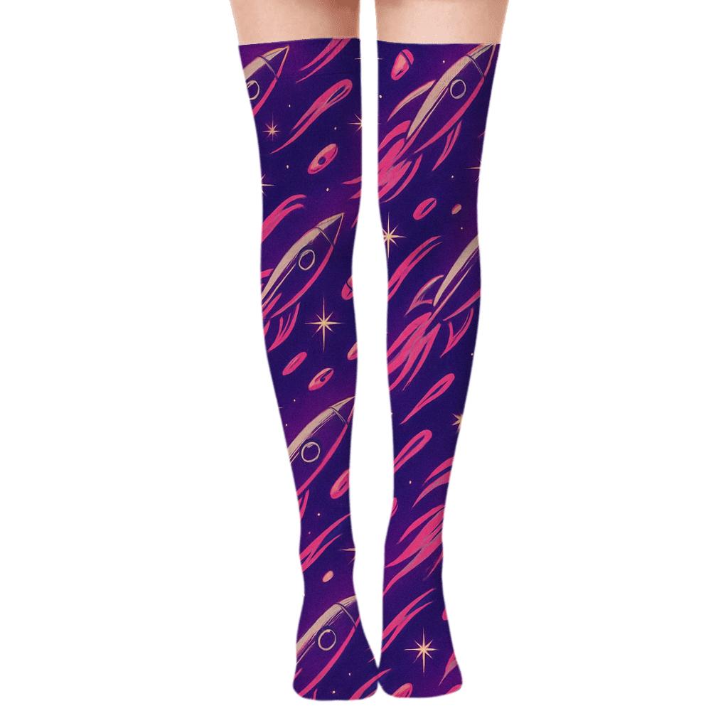 Retro Futurism Rocket Chevron On Cosmic Purple Gradient stylish fashion over-the-knee socks