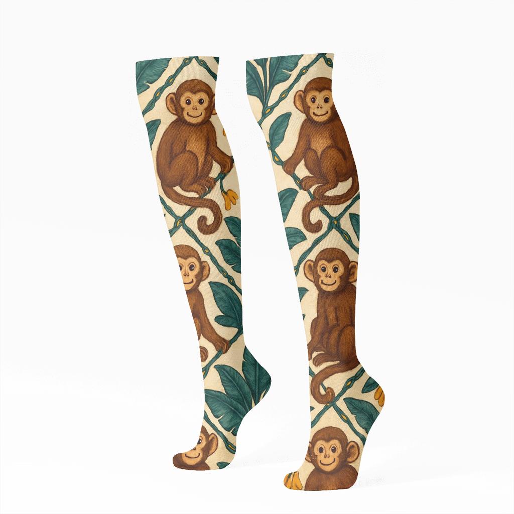 Vine Lattice With Monkey Motifs trendy patterned knee-high socks