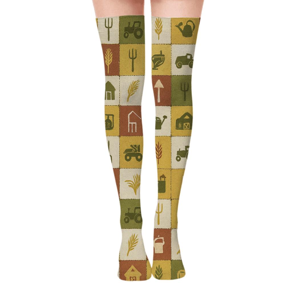 Patchwork Quilt Farmer Collage Repeat trendy patterned over-the-knee socks