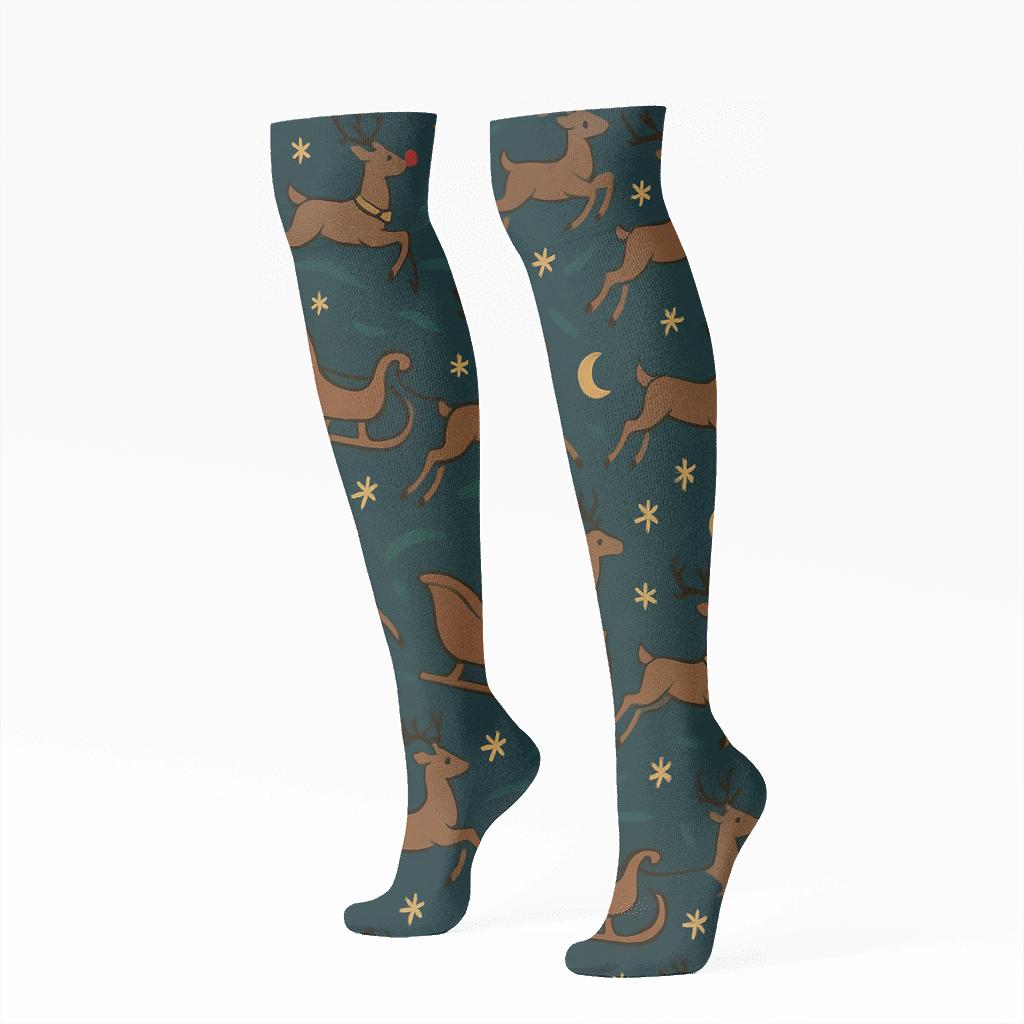 Midnight Blue Sleigh Party Pattern With Rudolph Lead trendy patterned knee-high socks