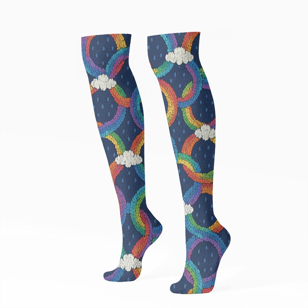 Knitted Rainbow Loop Tessellation On Deep Navy premium sports knee-high socks