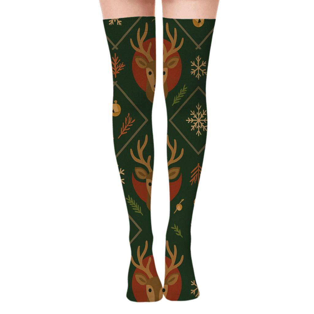 Scandinavian Folk Reindeer Medallion Lattice designer print over-the-knee socks