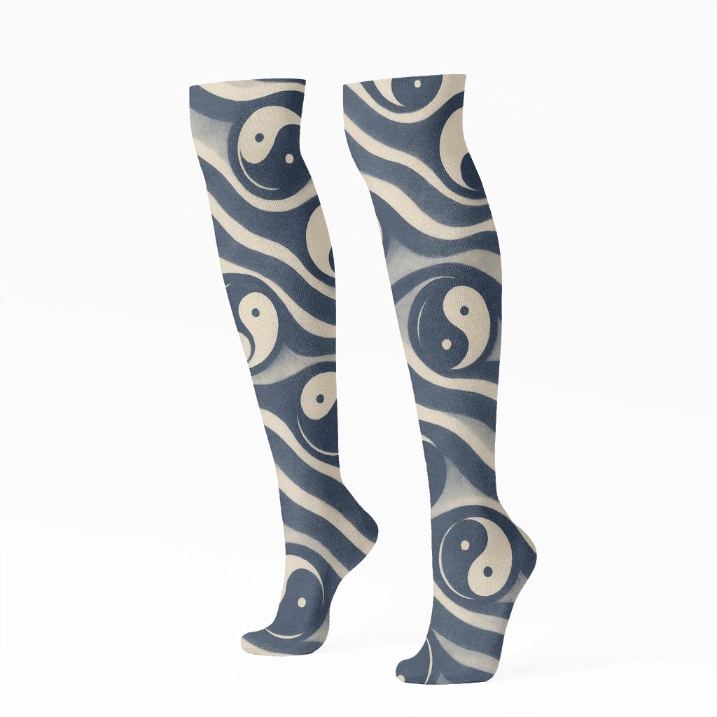 Indigo Koi Teardrop Waves On Pale Cream custom knee-high socks