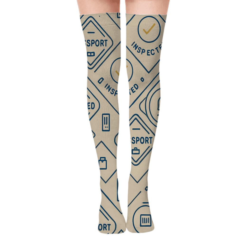 Passport Stamp Chevron With Customs Officer Detail designer print over-the-knee socks