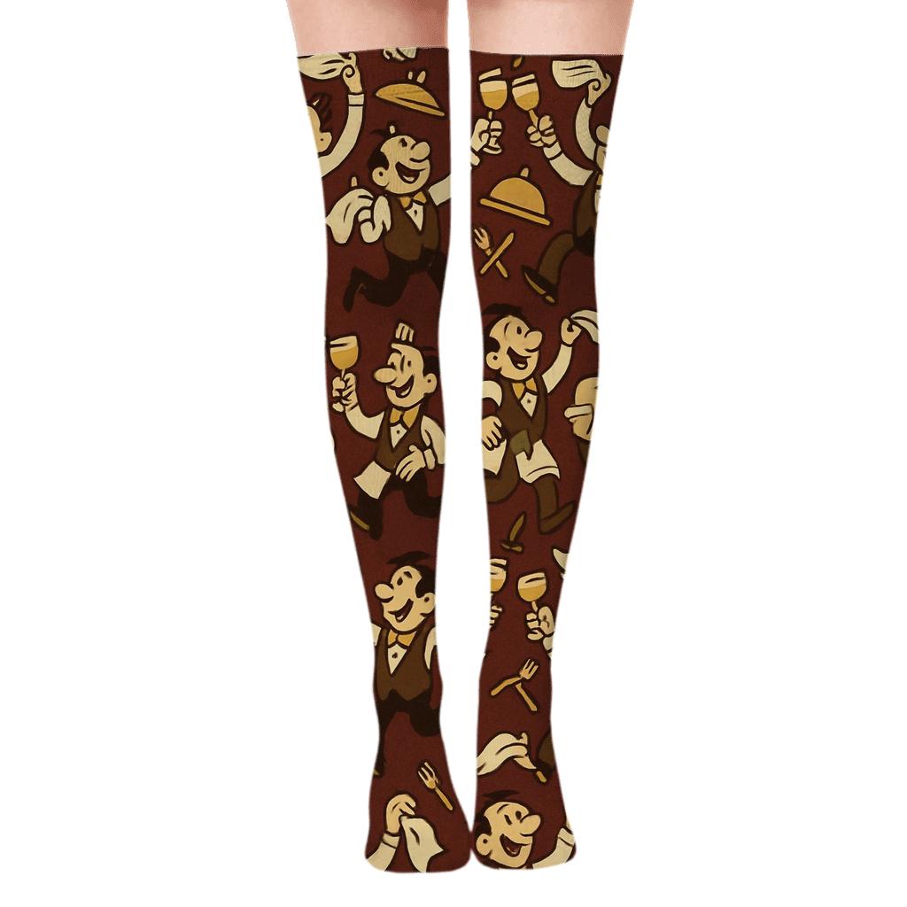 Burgundy Tray-Toss Waiter Tessellation trendy patterned over-the-knee socks