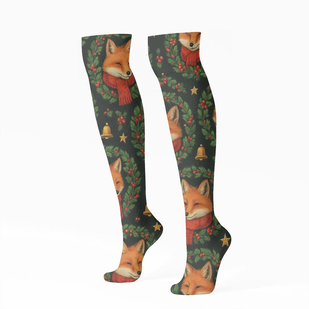 Fox In Santa Scarf Wreath Medallion Repeat On Black Background trendy patterned knee-high socks