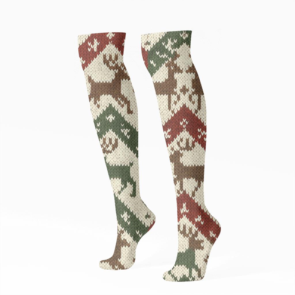 Xmas Knit Illusion Reindeer Chevron On Cream unique graphic knee-high socks