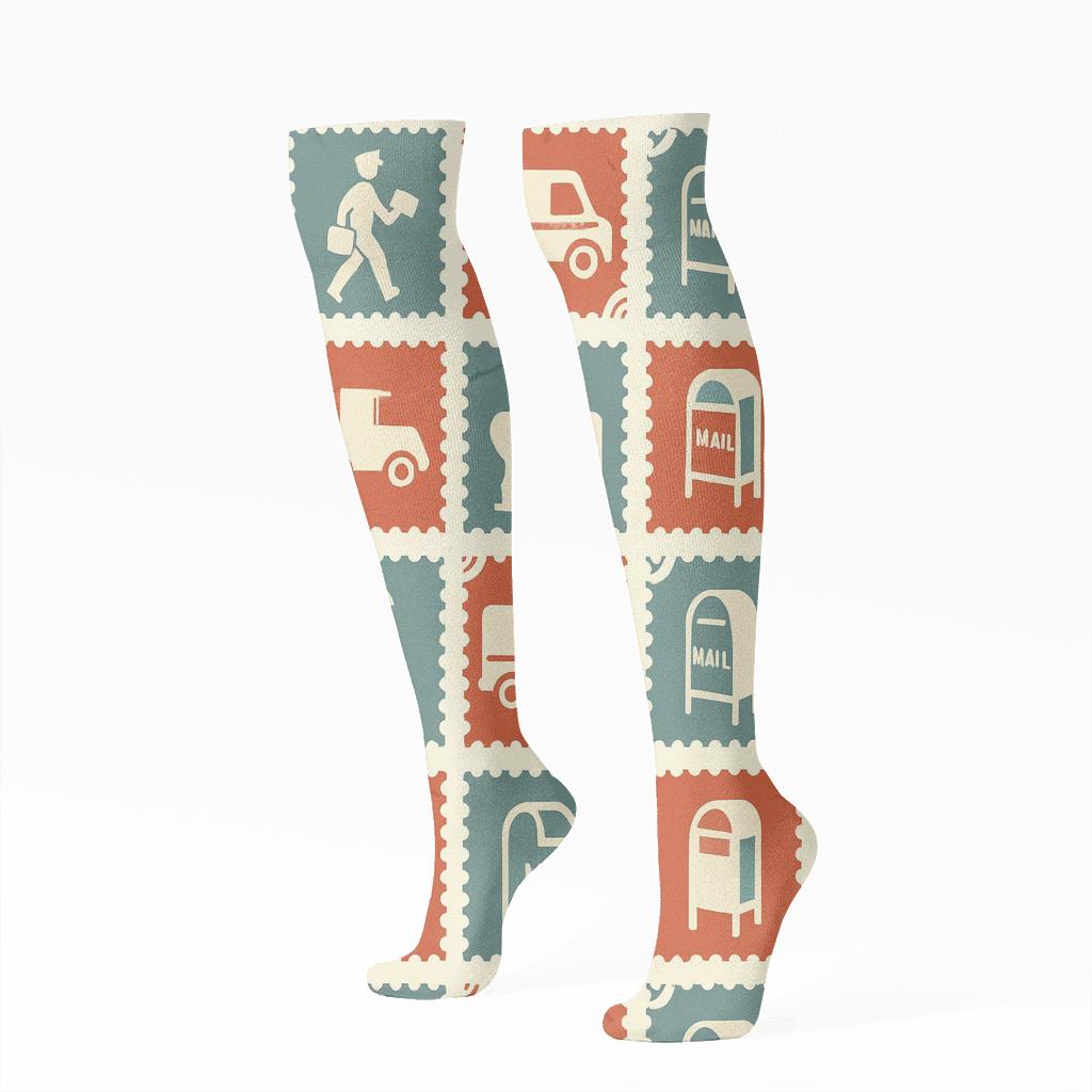 Stamp Grid In Mail Carrier Poster Style trendy patterned knee-high socks