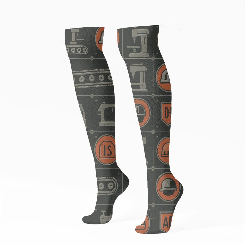 Assembly Line Grid With Factory Worker Accents unique graphic knee-high socks