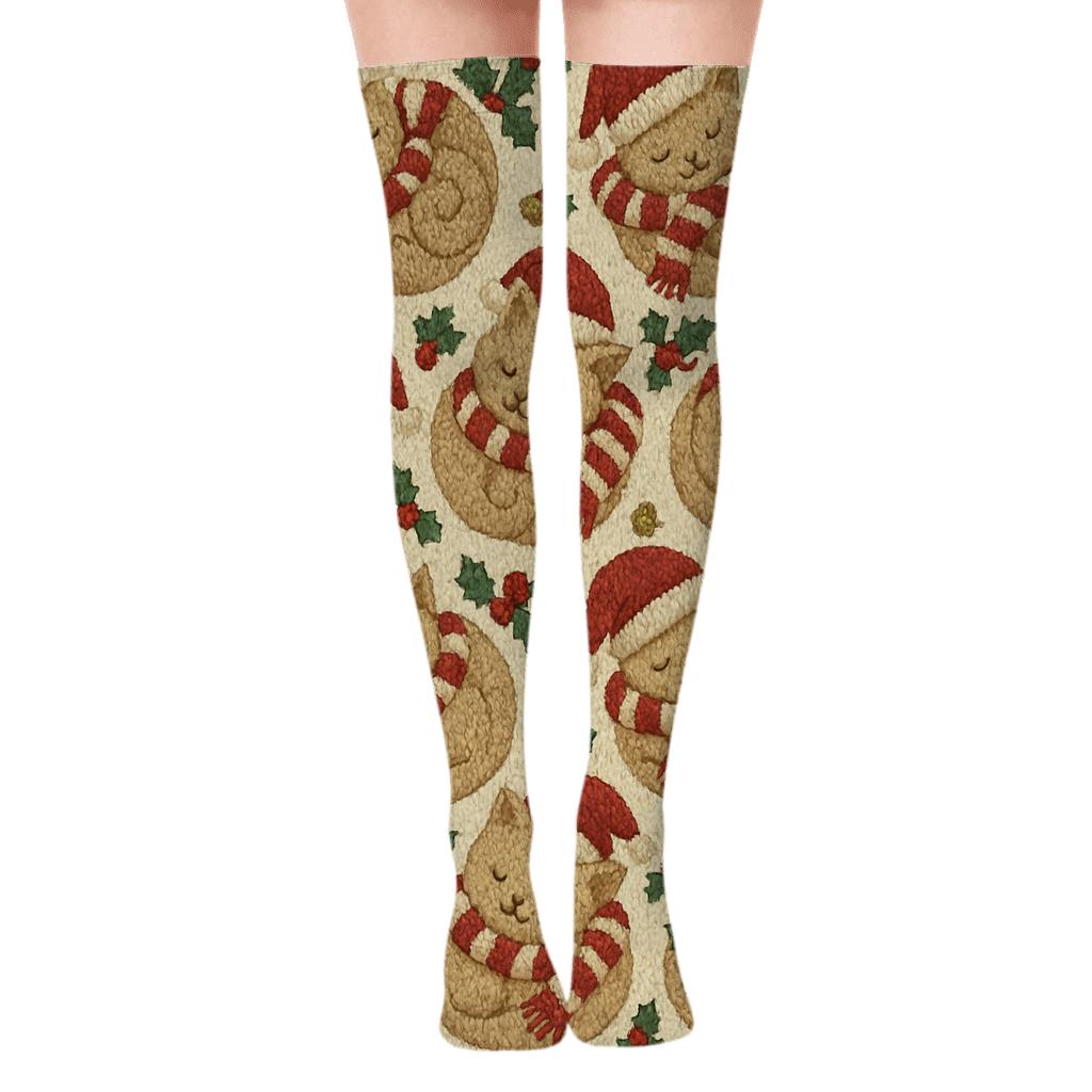 Candy Cane Kittens Knit Tessellation unique graphic over-the-knee socks