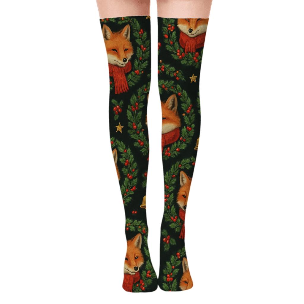 Fox In Santa Scarf Wreath Medallion Repeat On Black Background personalized over-the-knee socks