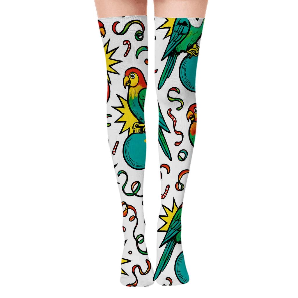 Pop Art Parrot Ornament Burst Scatter On White Background personalized over-the-knee socks