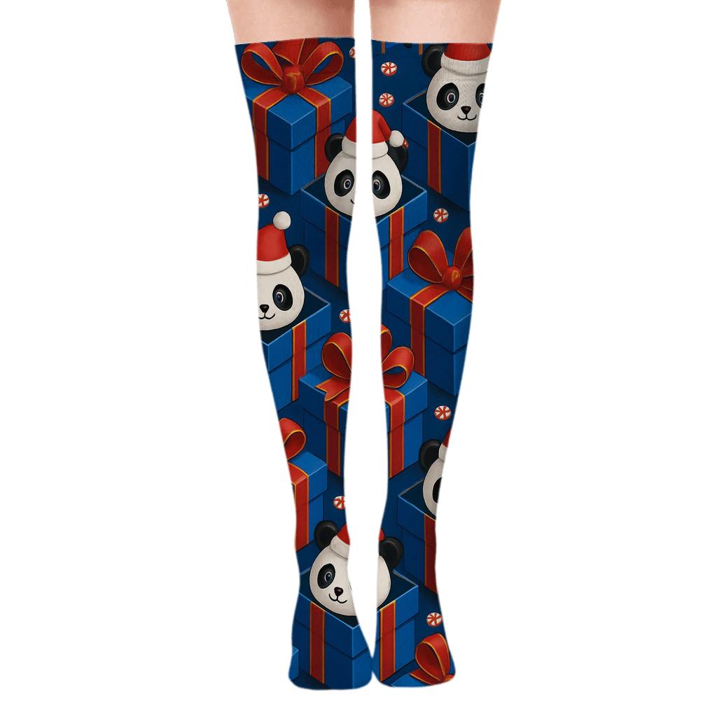 3D Gift Box Panda Cube Tessellation On Navy Blue Background custom over-the-knee socks