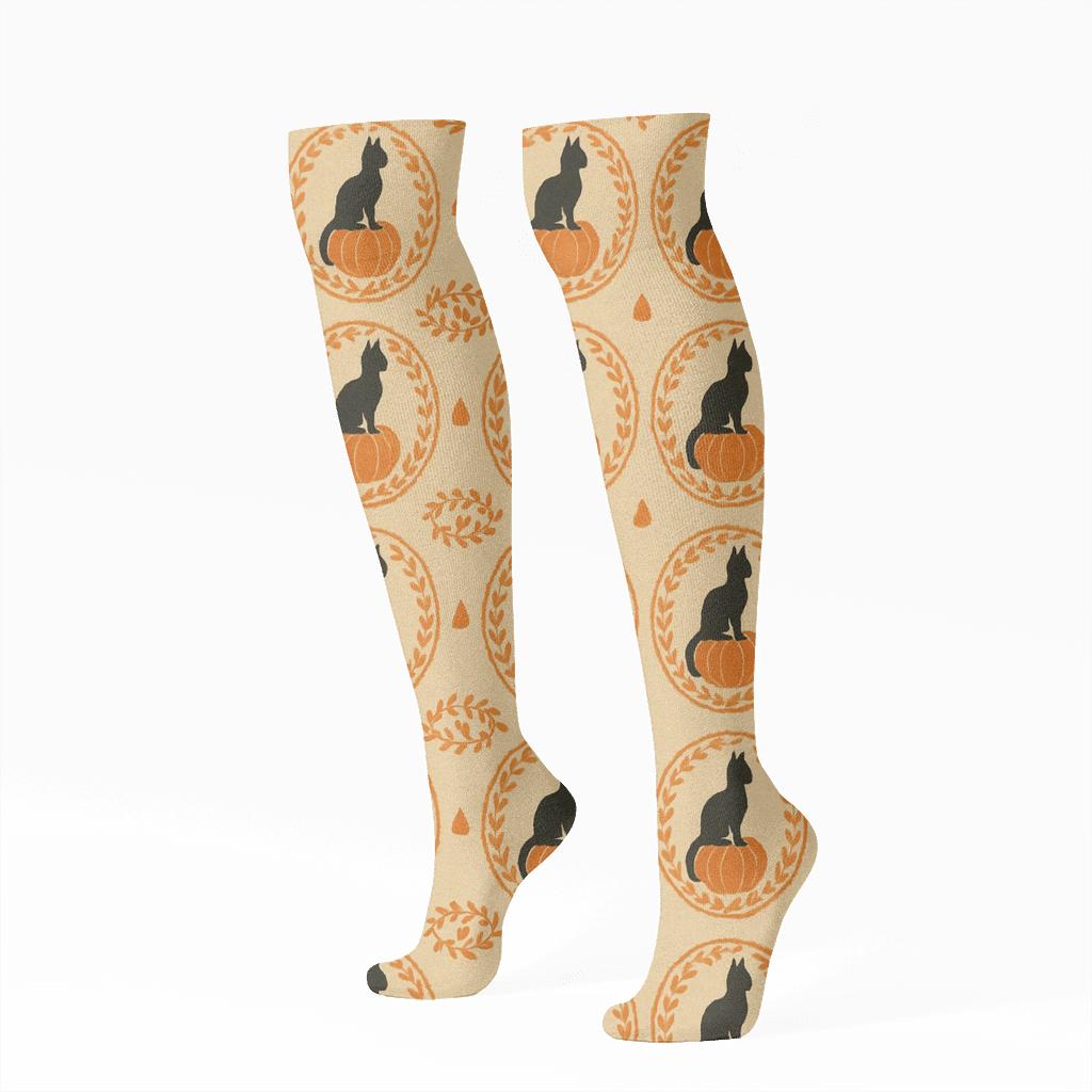 Black Cat And Pumpkin Medallion Repeat On Beige Background trendy patterned knee-high socks