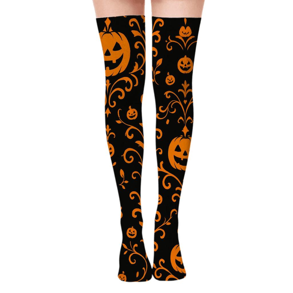 Glowing Jack O Lantern Damask On Black Background soft everyday over-the-knee socks