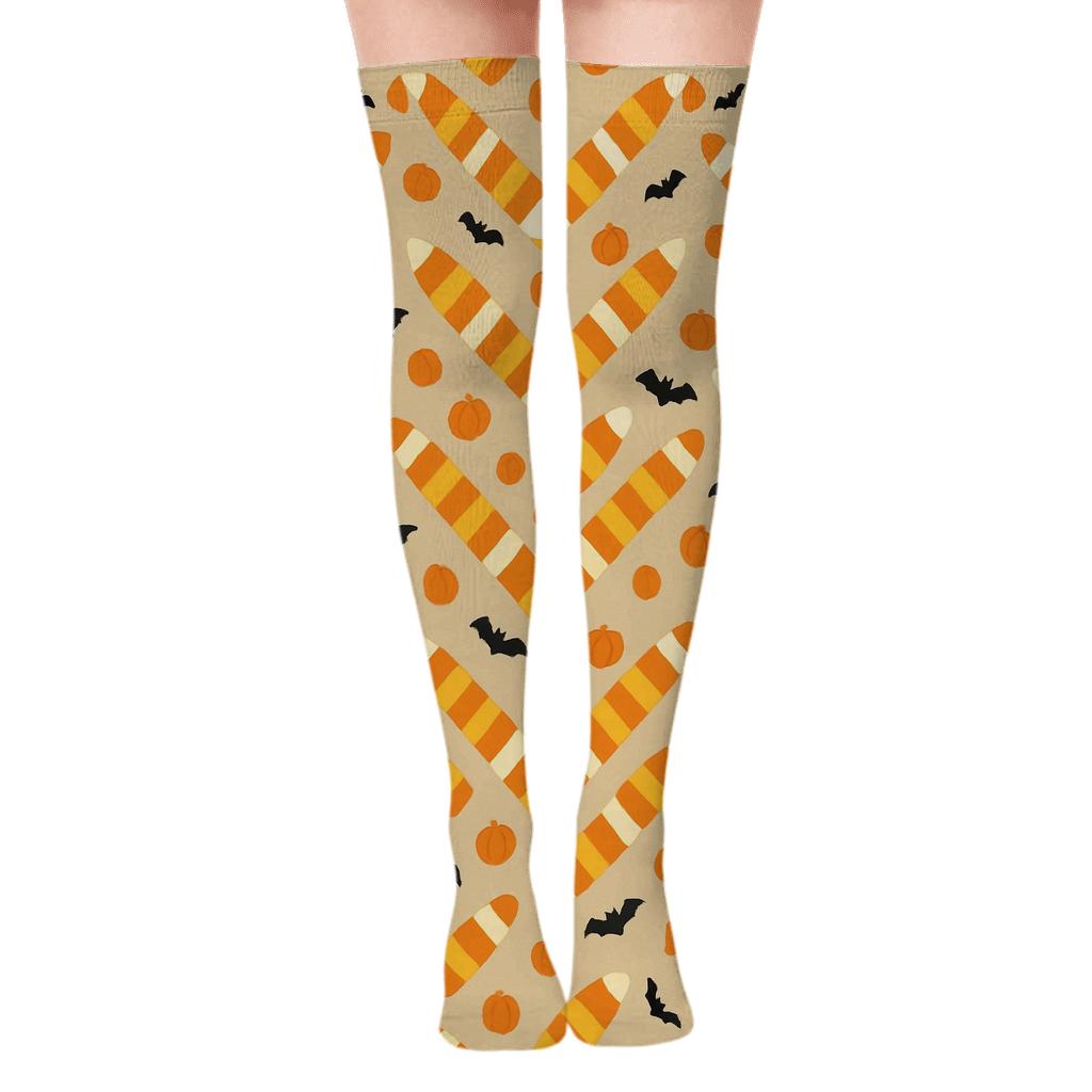 Candy Corn Chevron And Pumpkin Dots On Proper Neutral Background personalized over-the-knee socks