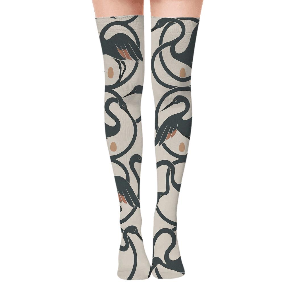 Crane Neck Loop Interlock On Pale Beige Background unique graphic over-the-knee socks
