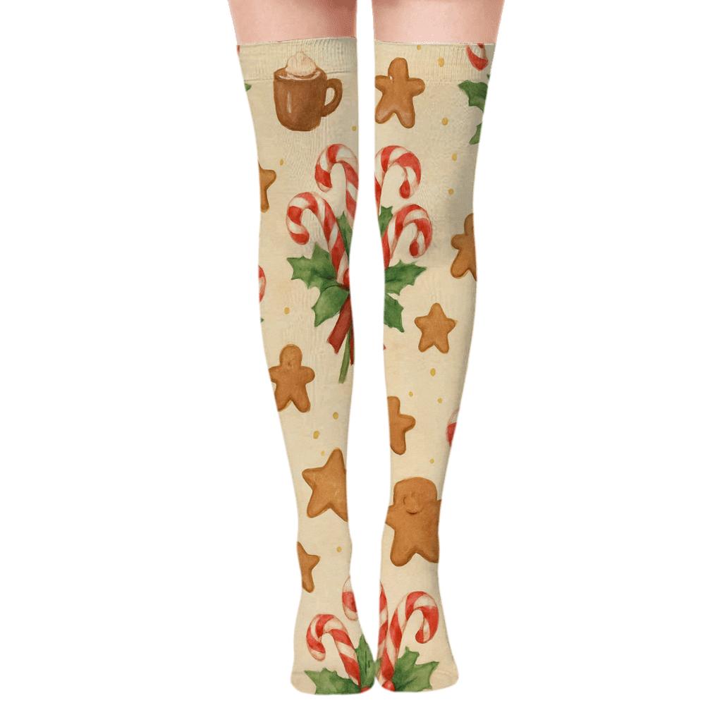 Painted Confection Study With Candy Canes And Cocoa Motifs personalized over-the-knee socks