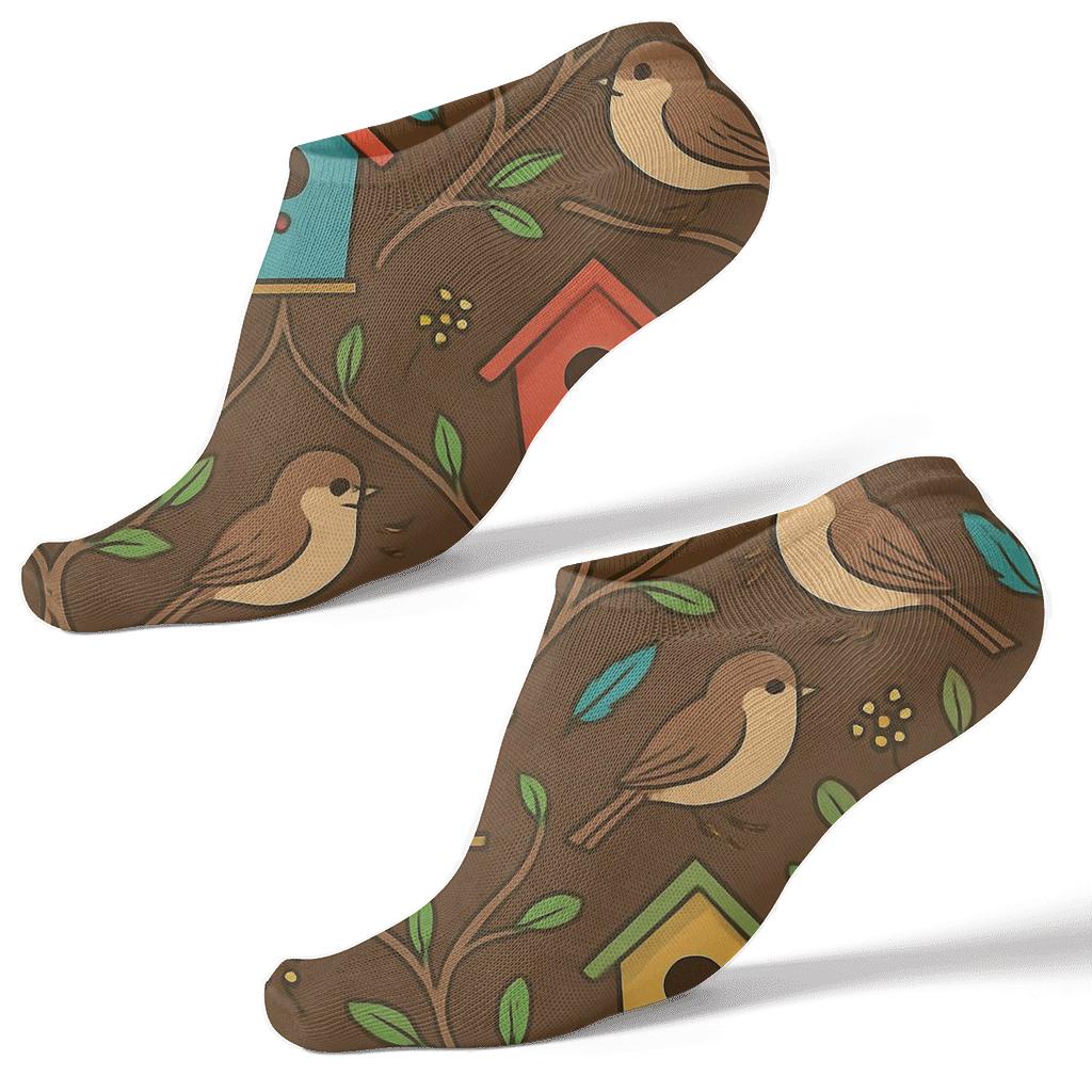 Garden Party Birdhouse Lattice On Earthy Brown comfortable cotton ankle socks