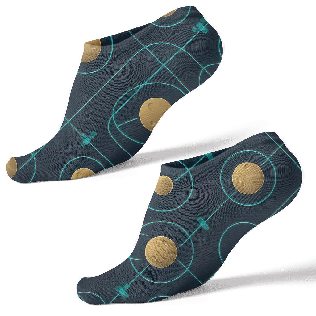 Ionized Teal Orbital Bands Lattice On Deep Navy unique graphic ankle socks