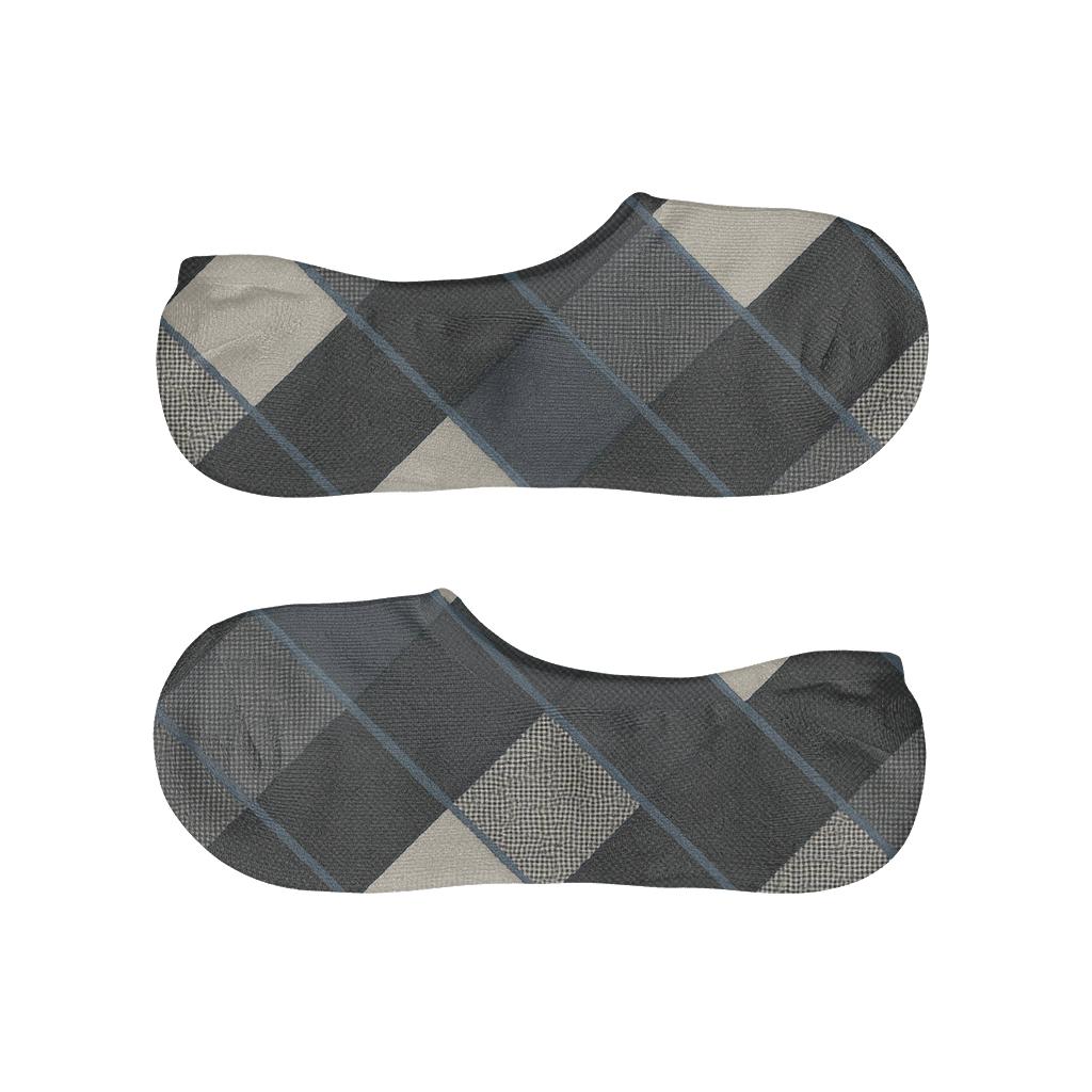 Diagonal Diamond Micro Check Fade with Herringbone Tiles on Charcoal No Show Socks