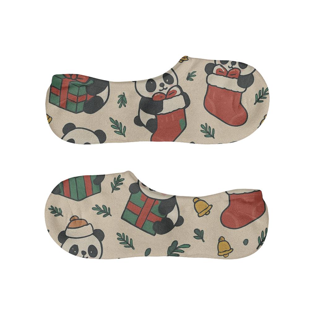 Forest Green Panda Gift Stack Scatter On Beige Background low cut no-show socks