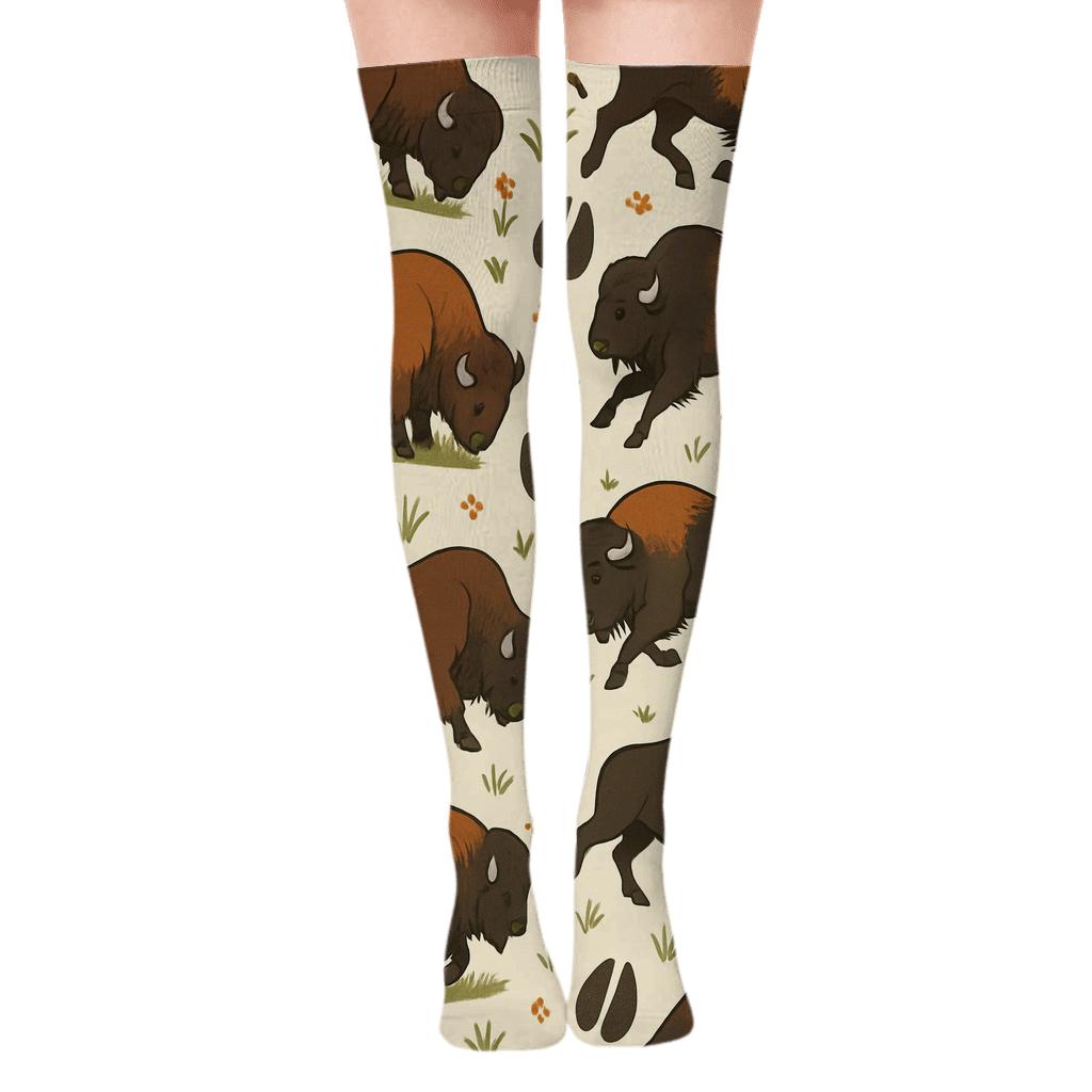Sunset Herd Scatter Pattern With Bison personalized over-the-knee socks
