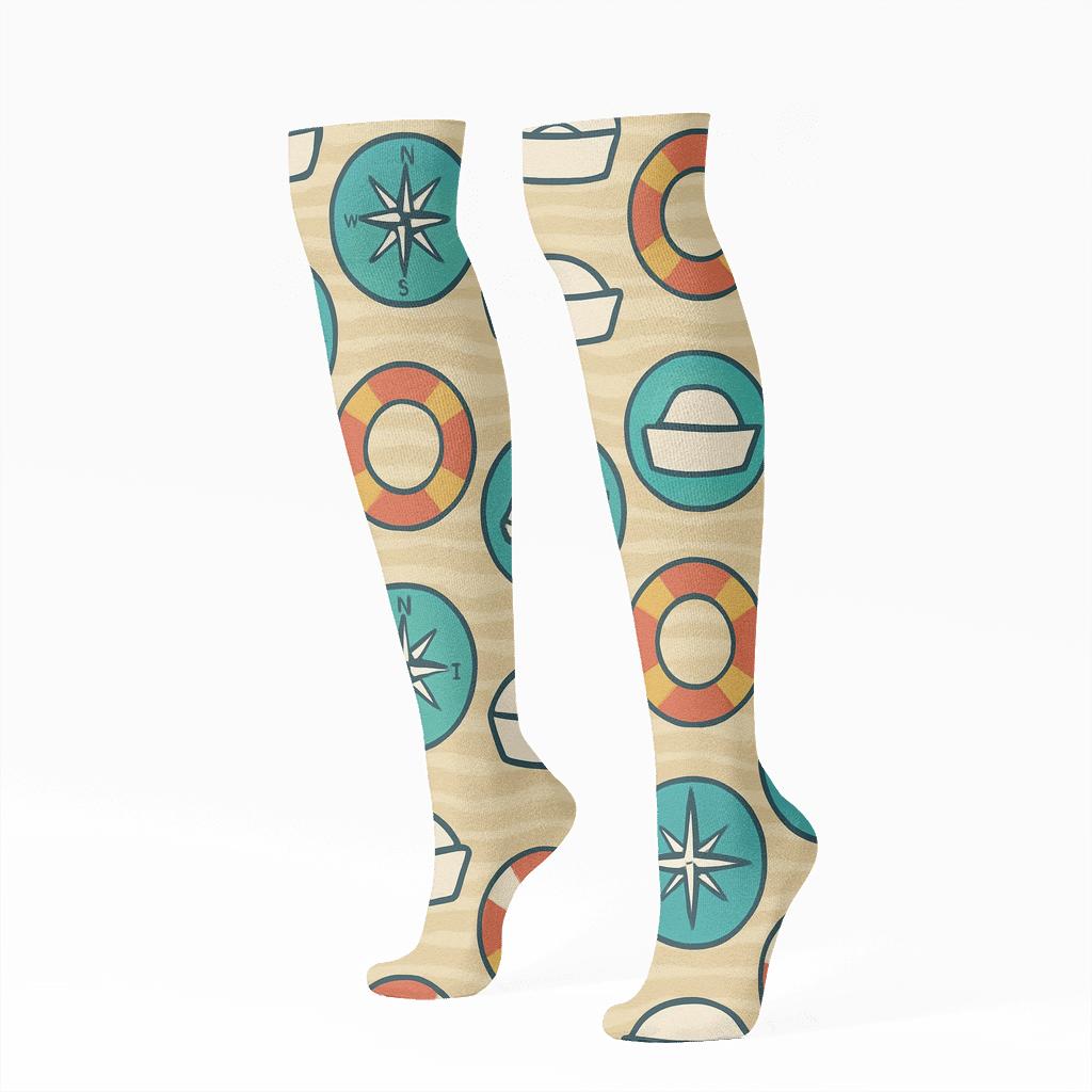 Compass Medallions With Sailor Hat Scatter trendy patterned knee-high socks